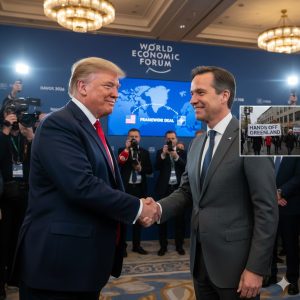 Donald Trump shaking hands at Davos 2026 regarding the Greenland framework deal with World Economic Forum backdrop.