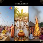 Collage of Indian harvest festivals 2026: Makar Sankranti kites, Pongal pots, and Magh Bihu bonfire.